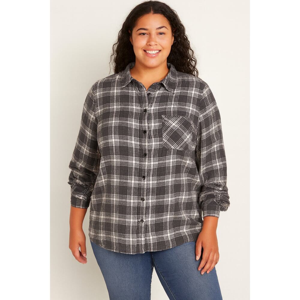 Lane Bryant 2XL Plaid Button-Down Shirt Black Tan Flannel Soft Casual Top